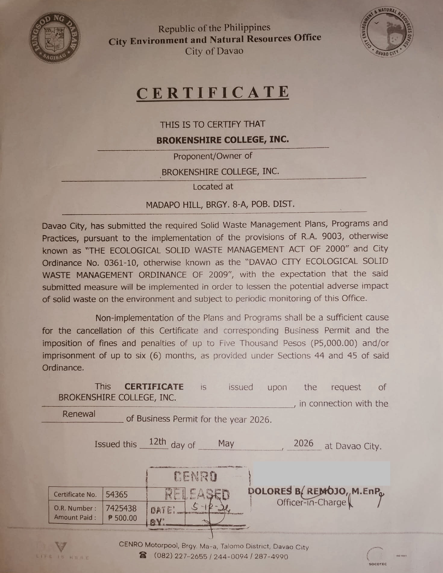 Overcoming Adversity to Uphold Environmental Responsibility: Brokenshire College, Inc.’s Achievement of RA 9003 Compliance