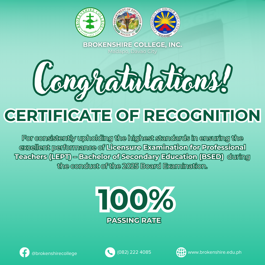 Excellent Performance of Licensure Examination for Professional Teachers - Bachelor of Secondary Education (BSED) - 100%