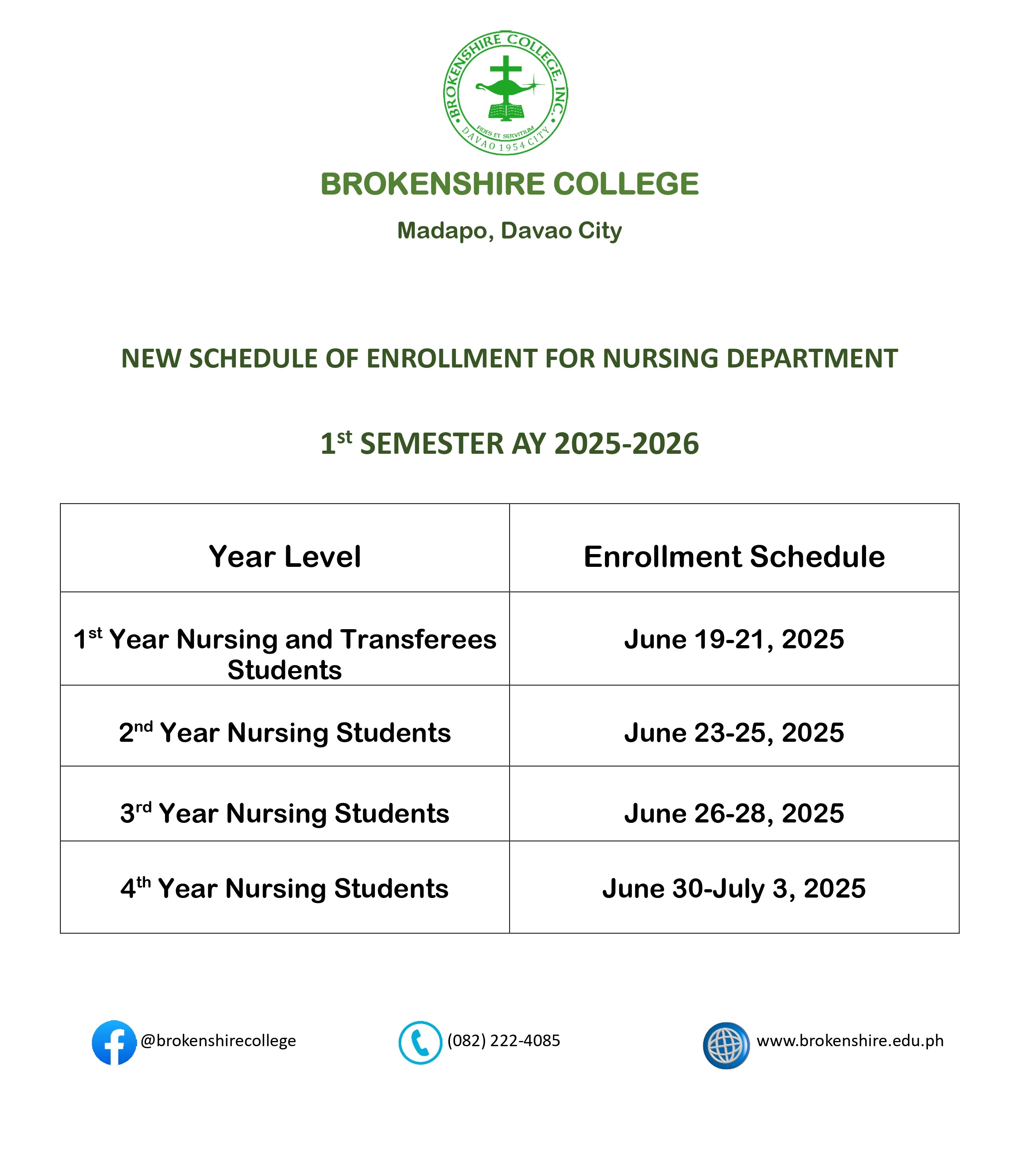 New Schedule of Enrollment of the Nursing Department for 1st Semester AY 2025-2026